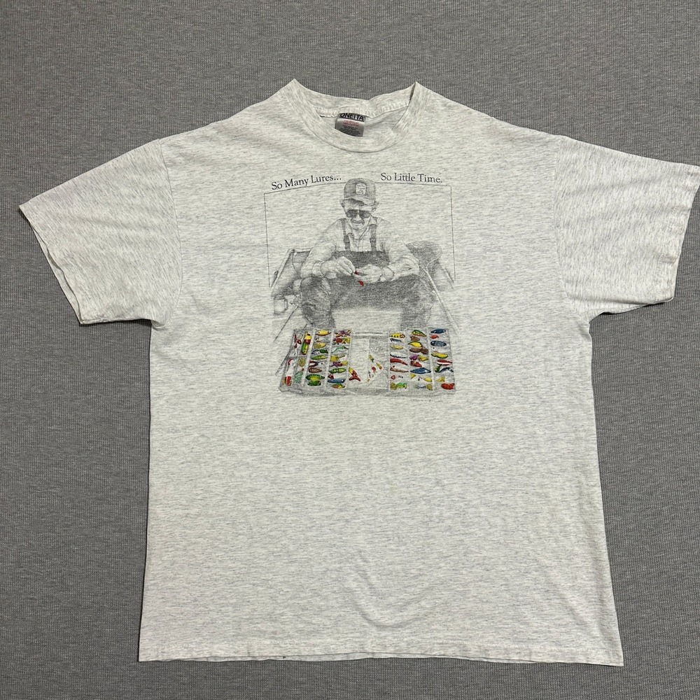 Vintage Oneita Fishing Graphic T Shirt Gray So Many Lures Little Time Mens XXL